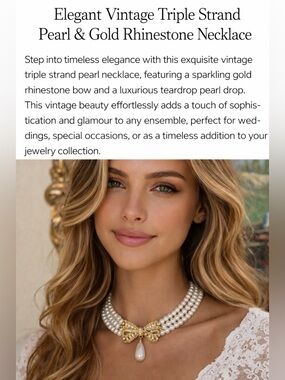 Vintage Pearl Bow Necklace Gold Rhinestone Teardrop Drop Statement Jewelry